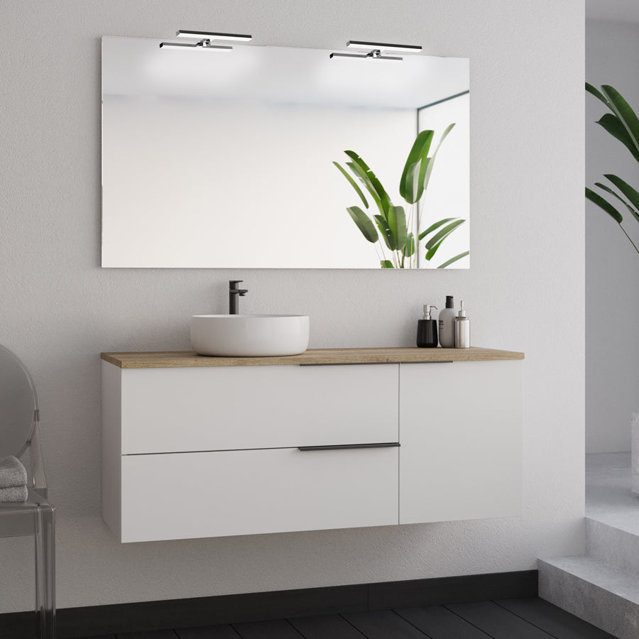Meuble de salle de bain 120cm avec vasque à poser ronde - 2 tiroirs et un placard et miroir avec appliques - blanc laqué - KING