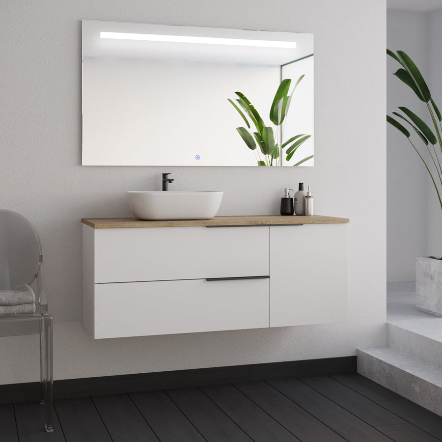 Meuble de salle de bain KING 120 cm blanc plateau roble vasque zeus miroir stam
