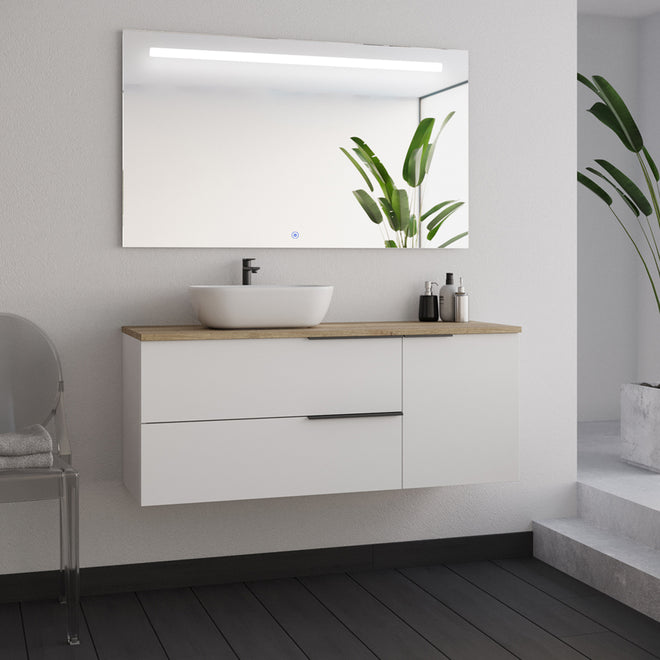Meuble de salle de bain 120cm avec vasque à poser arrondie - 2 tiroirs et un placard - blanc laqué - KING et miroir Led STAM