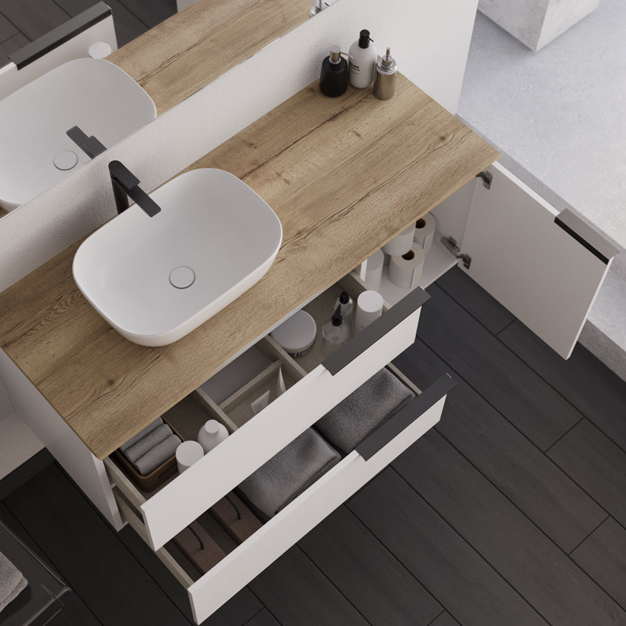 Meuble de salle de bain 120cm avec vasque à poser arrondie - 2 tiroirs et un placard et miroir avec appliques  - blanc laqué - KING