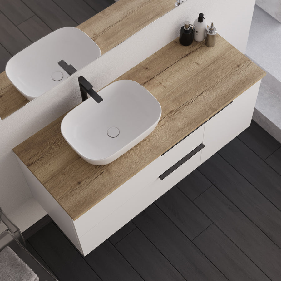 Meuble de salle de bain 120cm avec vasque à poser arrondie - 2 tiroirs et un placard et miroir avec appliques  - blanc laqué - KING