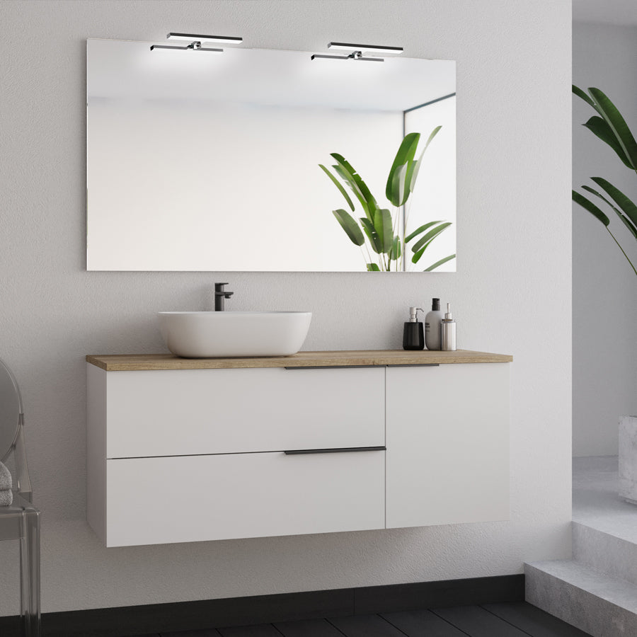 Meuble de salle de bain 120cm avec vasque à poser arrondie - 2 tiroirs et un placard et miroir avec appliques  - blanc laqué - KING