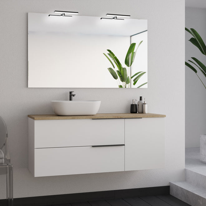 Meuble de salle de bain 120cm avec vasque à poser arrondie - 2 tiroirs et un placard et miroir avec appliques  - blanc laqué - KING
