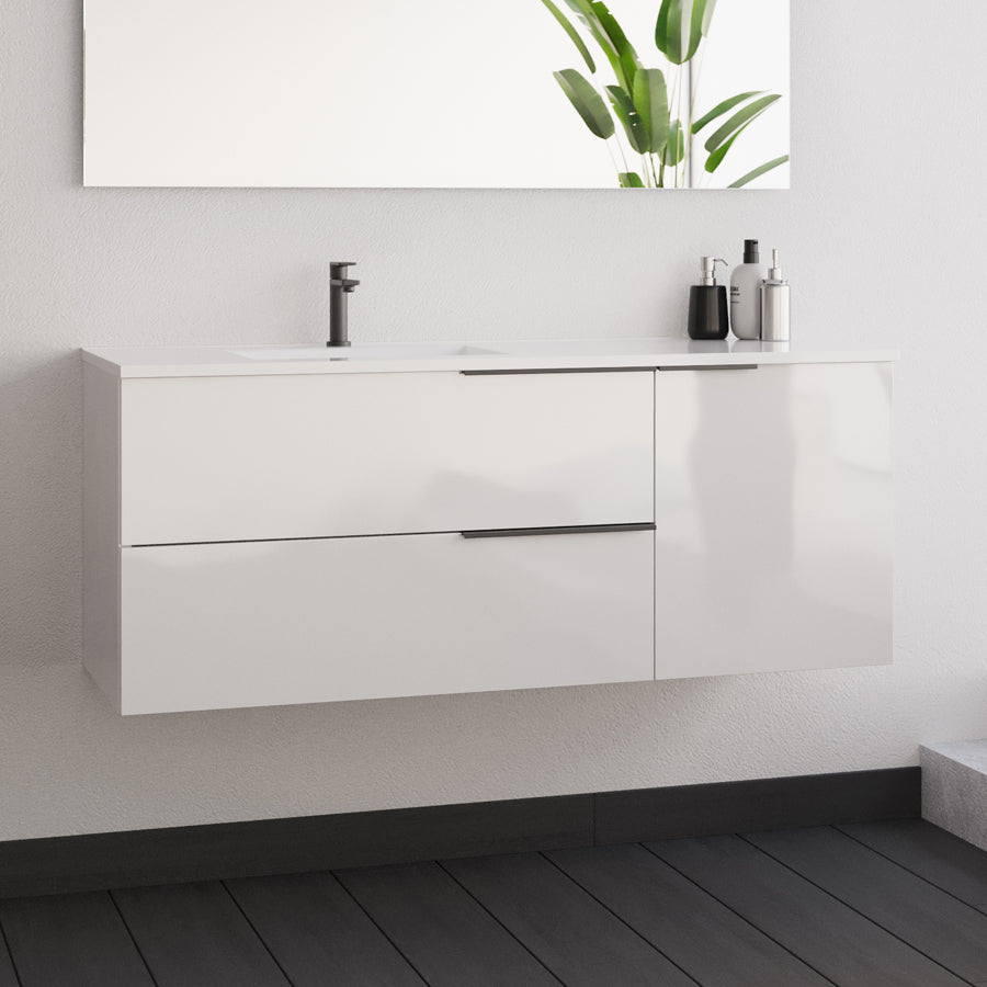 Meuble de salle de bain 120cm avec vasque déportée - sans miroir - 2 tiroirs et un placard - blanc laqué - KING