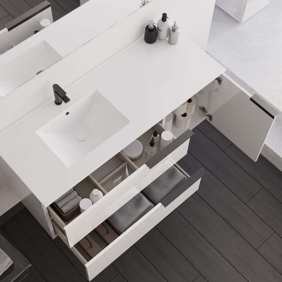Meuble de salle de bain 120cm avec vasque déportée - sans miroir - 2 tiroirs et un placard - blanc laqué - KING
