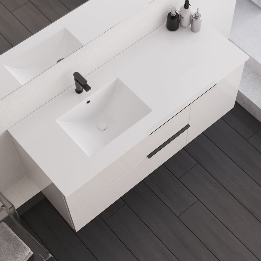 Meuble de salle de bain 120cm avec vasque déportée - sans miroir - 2 tiroirs et un placard - blanc laqué - KING