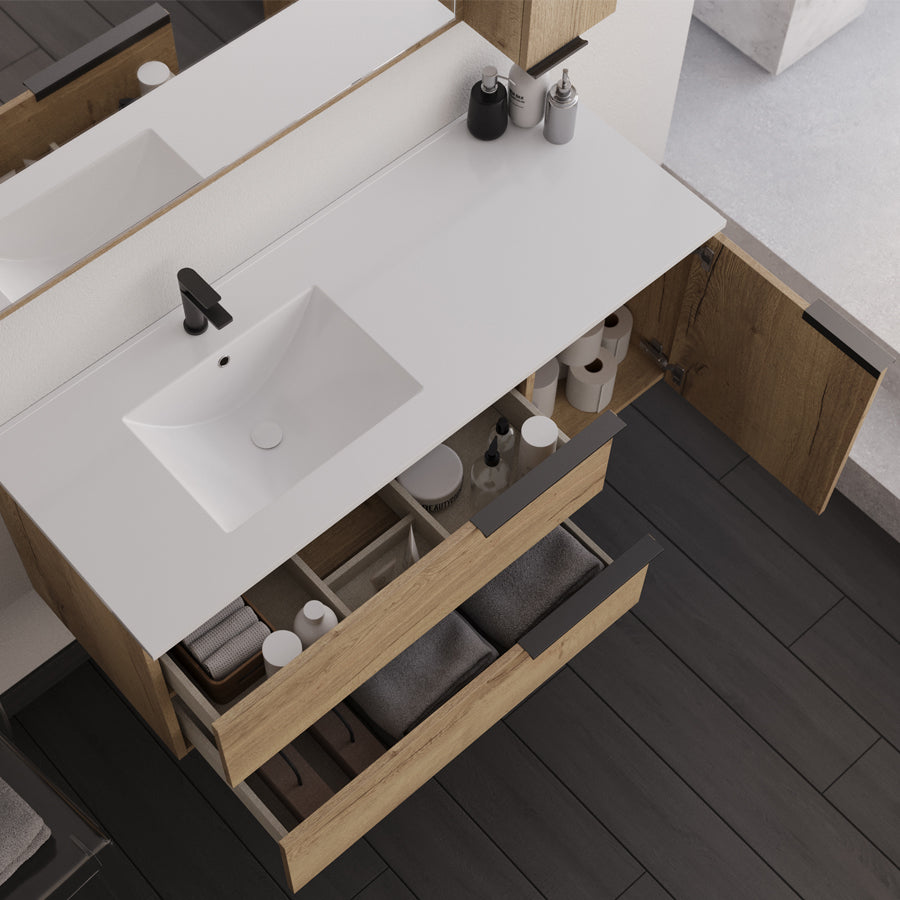 Meuble de salle de bain 100cm vasque déportée - 2 tiroirs et un placard et miroir Led STAM - KING