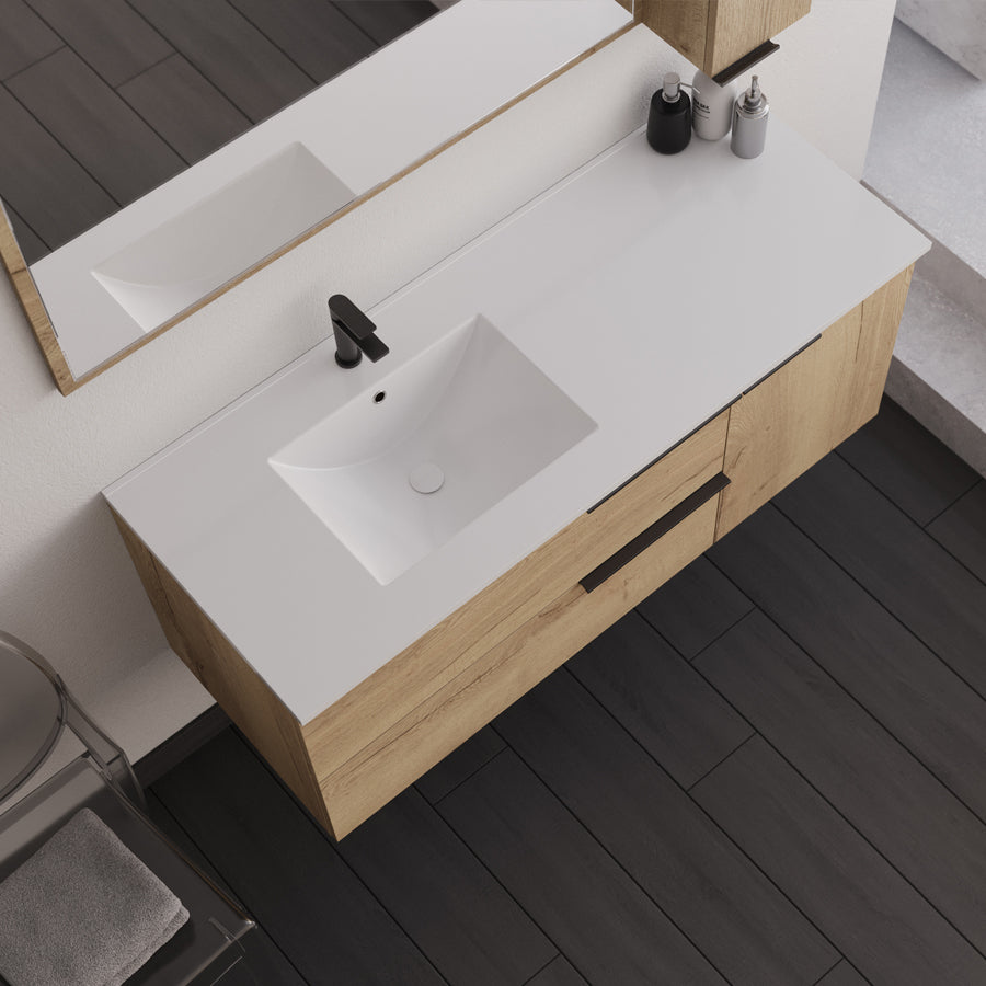 Meuble de salle de bain 100cm vasque déportée - 2 tiroirs et un placard et miroir Led STAM - KING