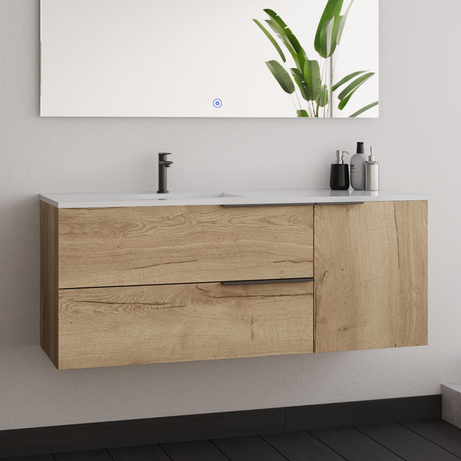 Meuble de salle de bain 120cm vasque déportée - 2 tiroirs et un placard - KING et miroir Led STAM