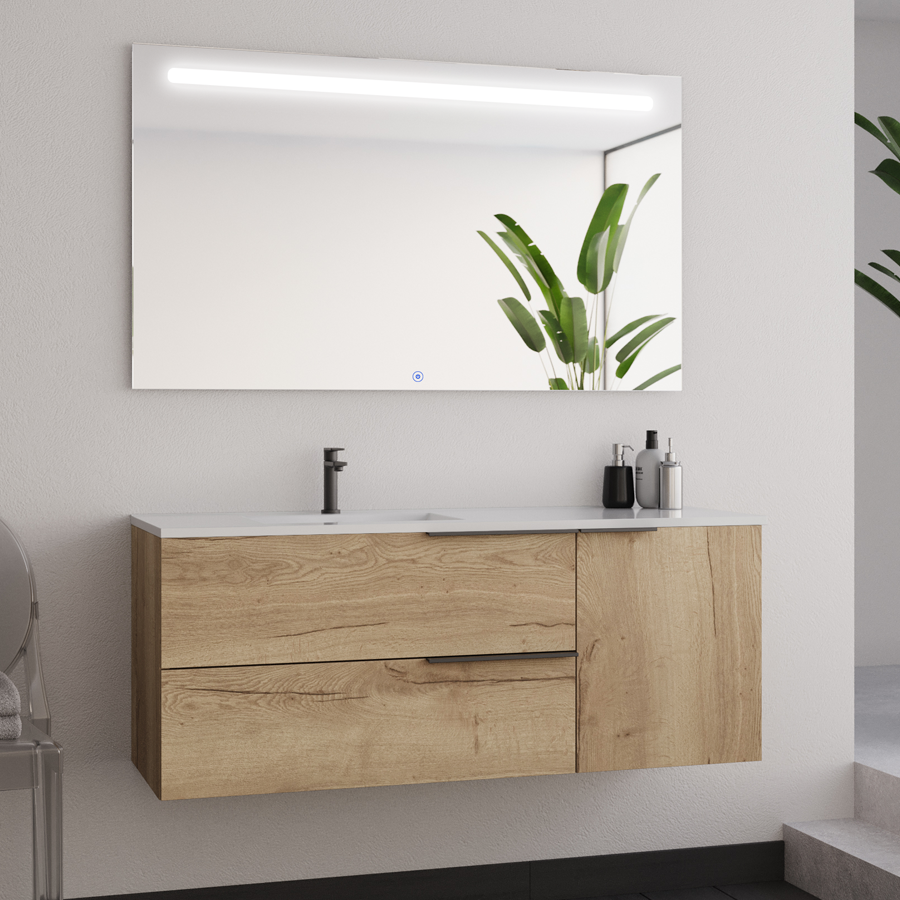 Meuble de salle de bain 120cm vasque déportée - 2 tiroirs et un placard - KING et miroir Led STAM