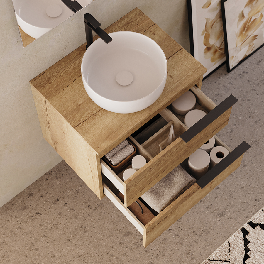 Meuble de salle de bain 60cm avec vasque à poser ronde - sans miroir - 2 tiroirs - KING