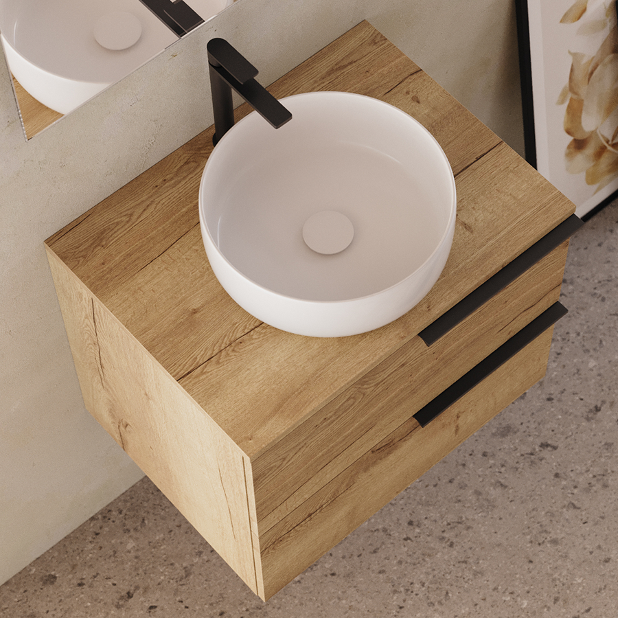 Meuble de salle de bain 60cm avec vasque à poser ronde - sans miroir - 2 tiroirs - KING