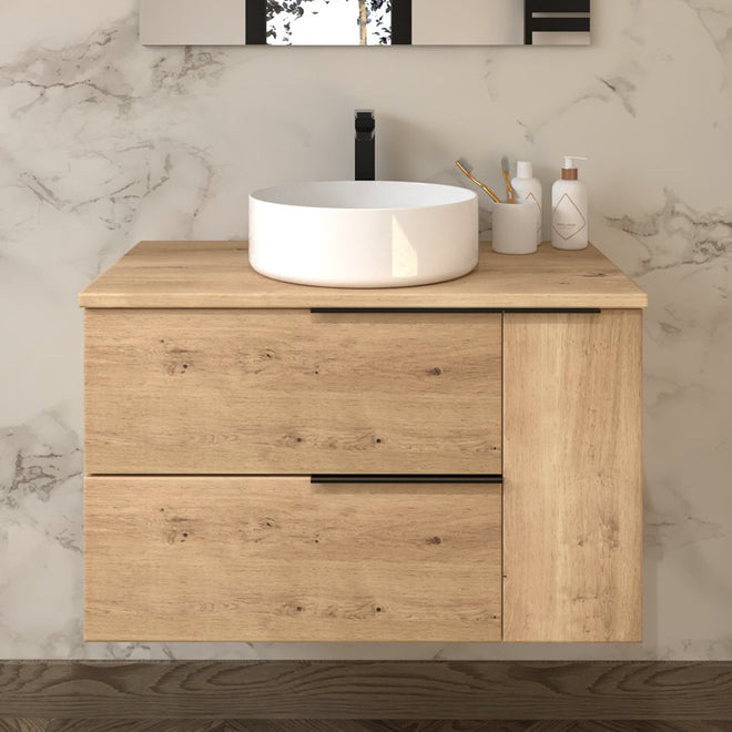 Meuble de salle de bain 80cm avec vasque à poser ronde - sans miroir - 2 tiroirs et un placard - KING