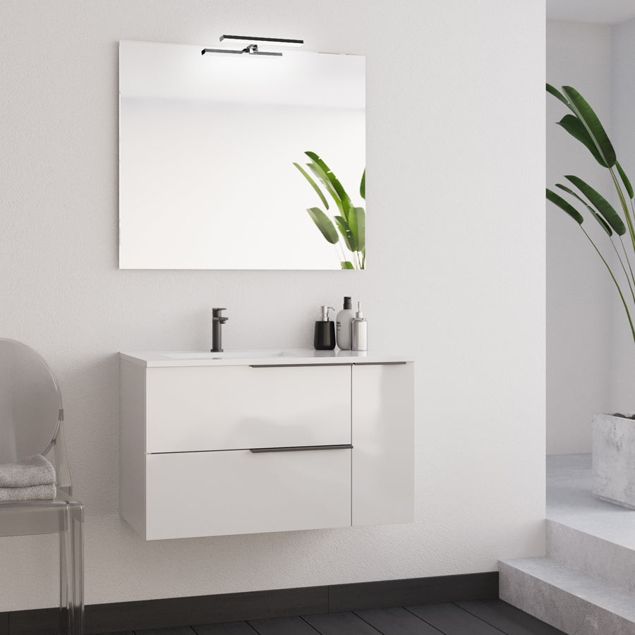 Meuble de salle de bain 80cm avec vasque déportée - 2 tiroirs et un placard et miroir avec applique - blanc laqué - KING