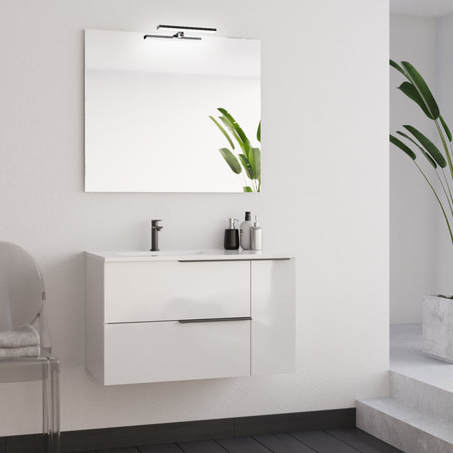 Meuble de salle de bain 80cm avec vasque déportée - 2 tiroirs et un placard et miroir avec applique - blanc laqué - KING