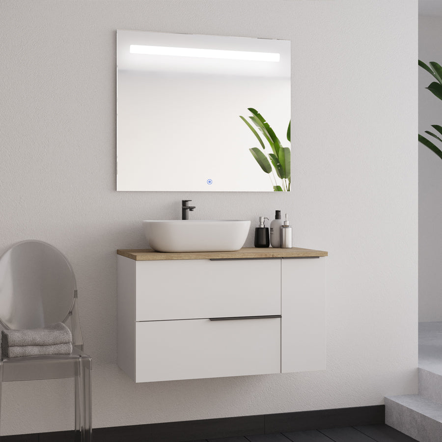 Meuble de salle de bain 80cm avec vasque à poser arrondie - 2 tiroirs et un placard et miroir led STAM - blanc laqué - KING