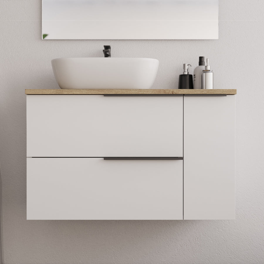 Meuble de salle de bain 80cm avec vasque à poser arrondie - 2 tiroirs et un placard et miroir led STAM - blanc laqué - KING
