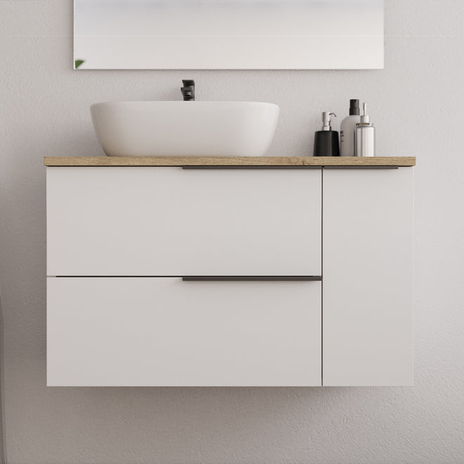 Meuble de salle de bain 80cm avec vasque à poser arrondie - 2 tiroirs et un placard - sans miroir - blanc laqué - KING
