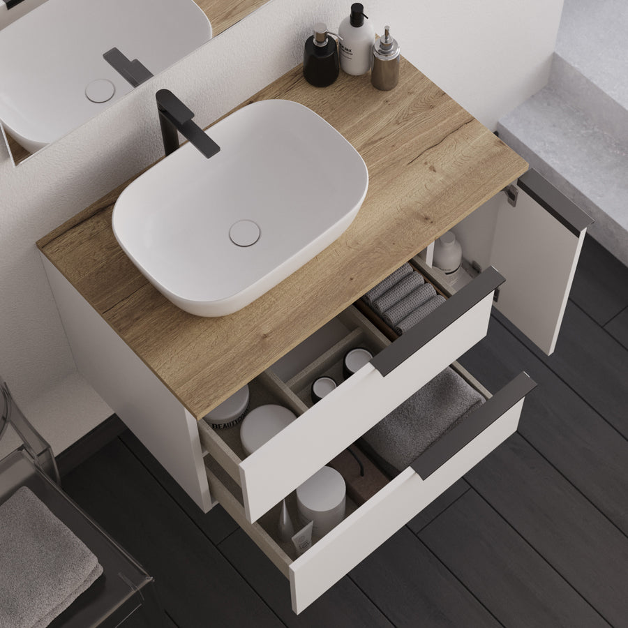 Meuble de salle de bain 80cm avec vasque à poser arrondie - 2 tiroirs et un placard et miroir led STAM - blanc laqué - KING