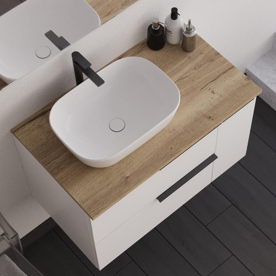 Meuble de salle de bain 80cm avec vasque à poser arrondie - 2 tiroirs et un placard et miroir led STAM - blanc laqué - KING