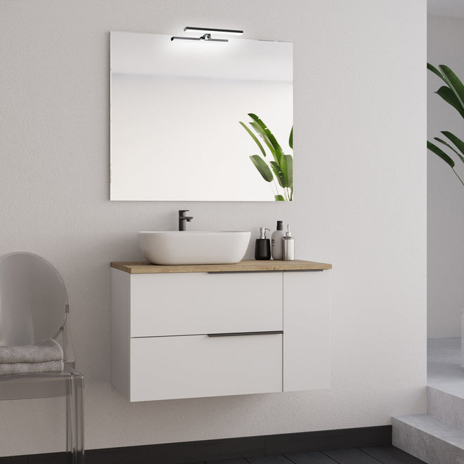 Meuble de salle de bain 80cm avec vasque à poser arrondie - 2 tiroirs et un placard et miroir avec applique - blanc laqué -  KING