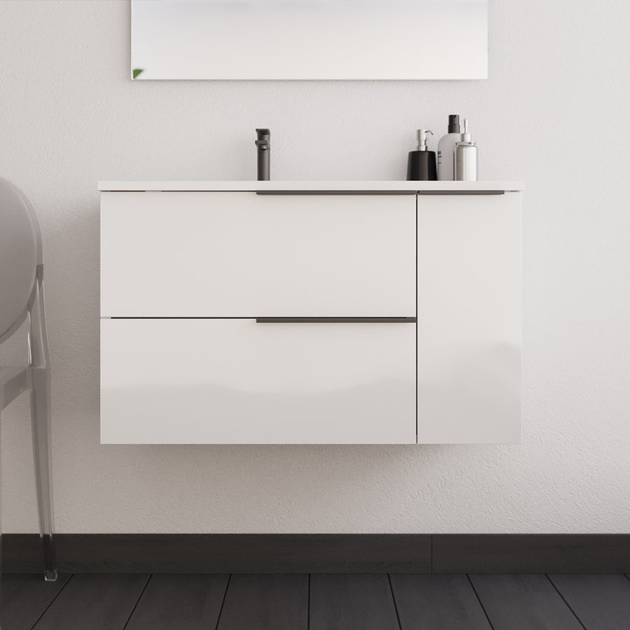 Meuble de salle de bain 80cm avec vasque déportée - 2 tiroirs et un placard et miroir avec applique - blanc laqué - KING