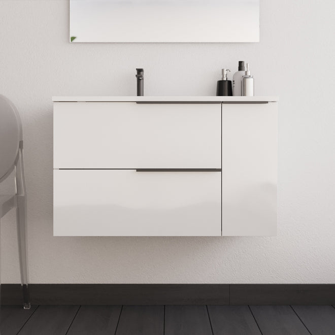Meuble de salle de bain 80cm avec vasque déportée - 2 tiroirs et un placard - sans miroir - blanc laqué - KING