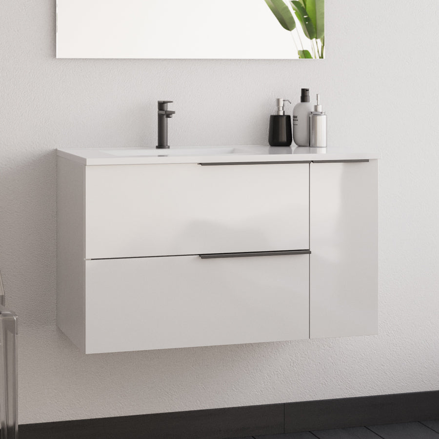 Meuble de salle de bain 80cm avec vasque déportée - 2 tiroirs et un placard et miroir avec applique - blanc laqué - KING