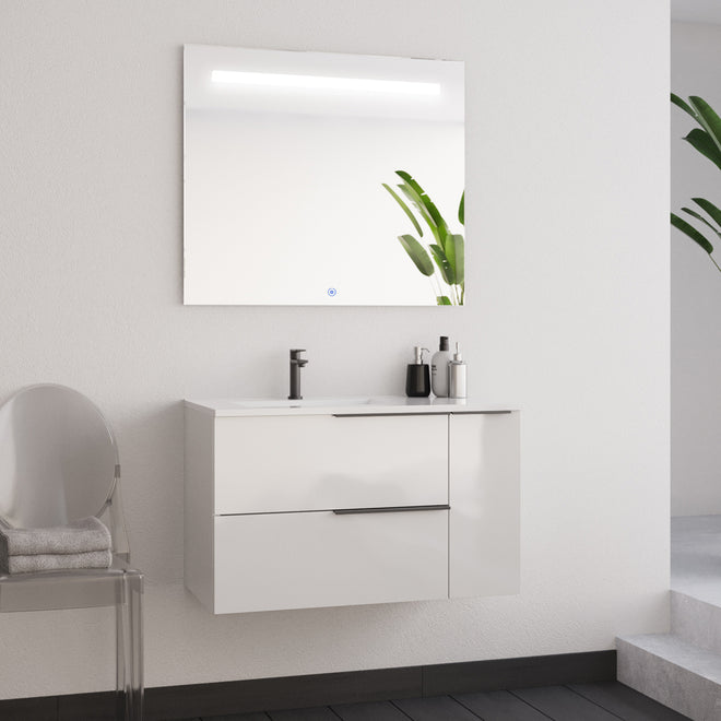 Meuble de salle de bain 80cm avec vasque déportée - 2 tiroirs et un placard et miroir STAM - blanc laqué - KING