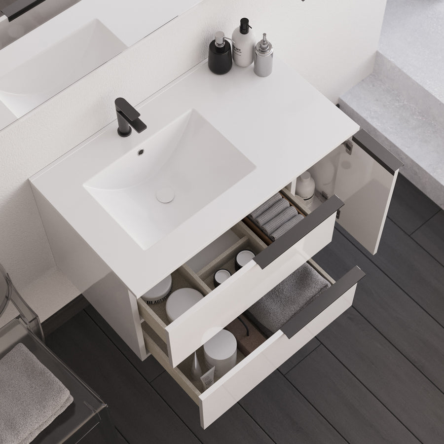 Meuble de salle de bain 80cm avec vasque déportée - 2 tiroirs et un placard et miroir avec applique - blanc laqué - KING