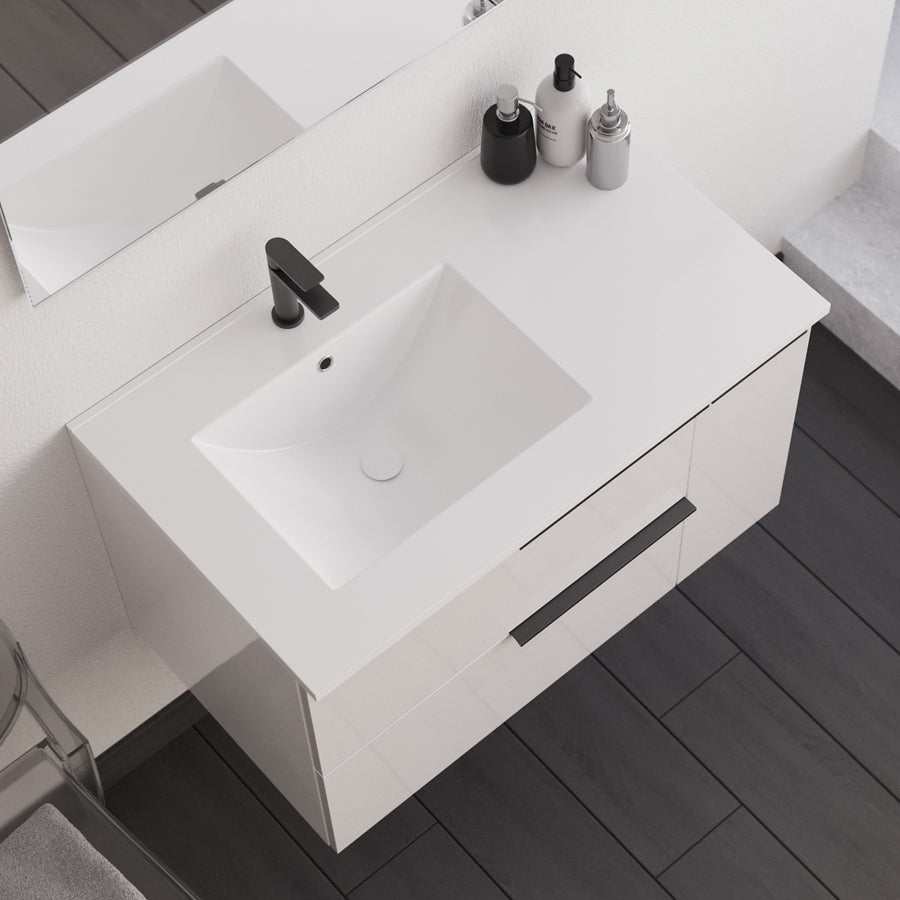 Meuble de salle de bain 80cm avec vasque déportée - 2 tiroirs et un placard et miroir avec applique - blanc laqué - KING