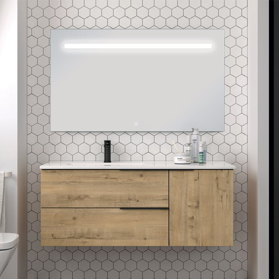 Meuble de salle de bain 100cm vasque déportée - 2 tiroirs et un placard et miroir Led STAM - KING