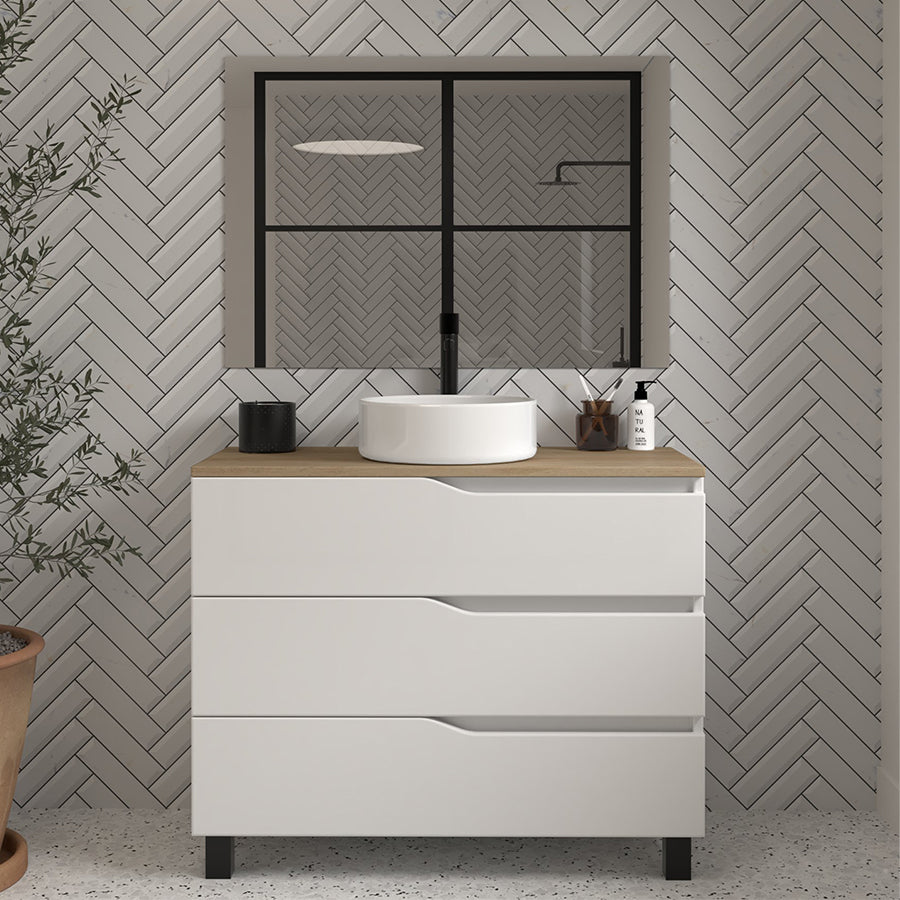 Meuble de salle de bain 90cm avec plateau et vasque à poser - 3 tiroirs - MATA