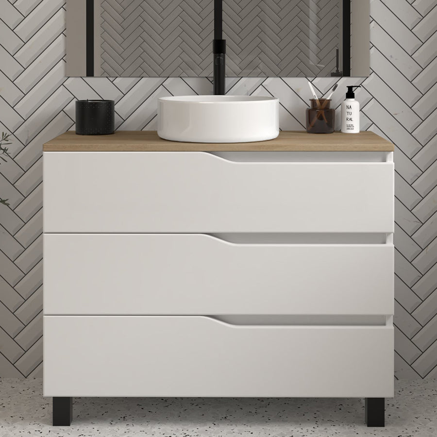 Meuble de salle de bain 90cm avec plateau et vasque à poser - 3 tiroirs - MATA