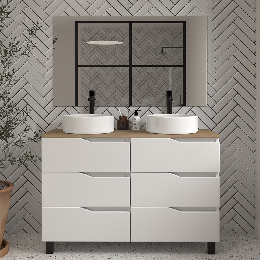 Meuble de salle de bain 120 avec plateau et 2 vasques à poser - 6 tiroirs - MATA