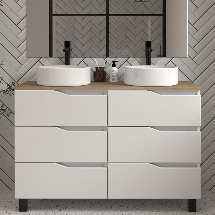 Meuble de salle de bain 120 avec plateau et 2 vasques à poser - 6 tiroirs - MATA