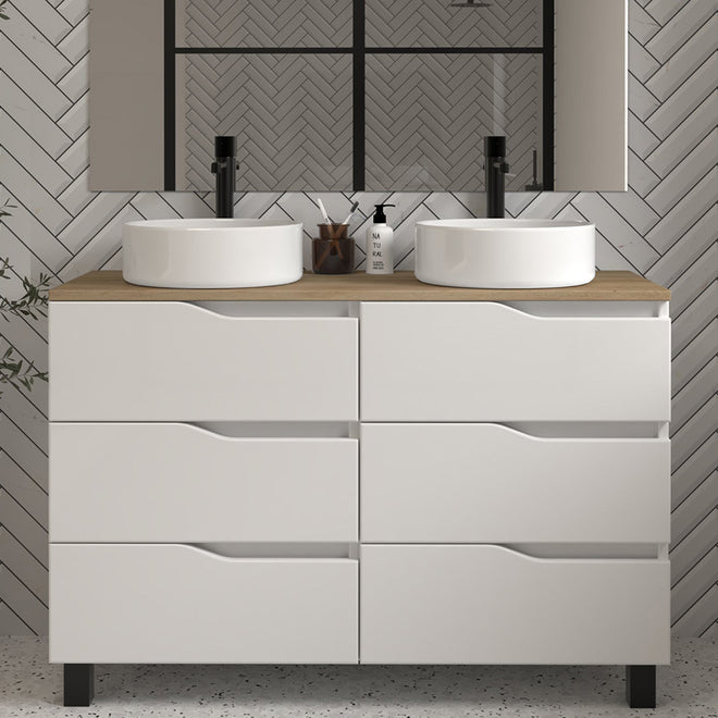 Meuble de salle de bain 120 avec plateau et 2 vasques à poser - sans miroir - 6 tiroirs - MATA