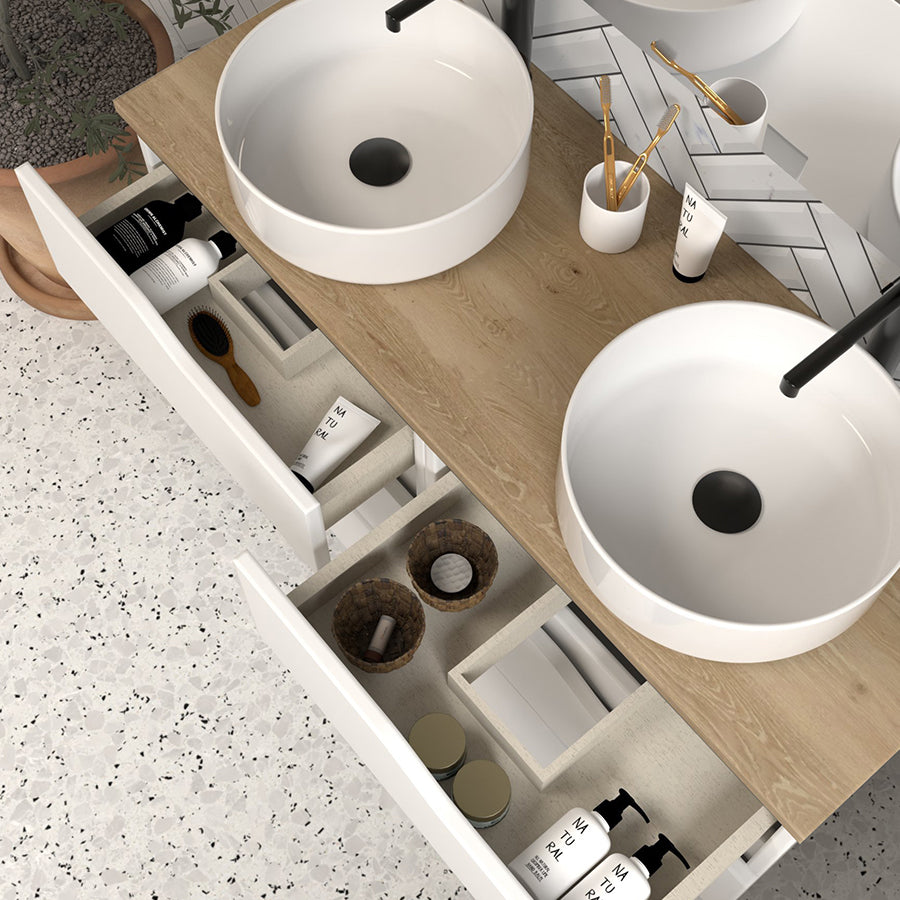 Meuble de salle de bain 120 avec plateau et 2 vasques à poser - 6 tiroirs - MATA
