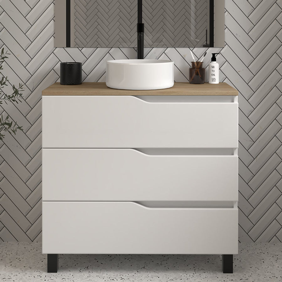 Meuble de salle de bain MATA 60 cm 3 tiroirs blanc plateau miel 1 cuve sans miroir