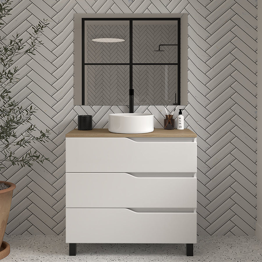 Meuble de salle de bain MATA 60 cm 3 tiroirs blanc plateau  miel 1 cuve