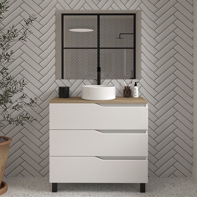 Meuble de salle de bain 70cm avec plateau et vasque à poser - 3 tiroirs - MATA
