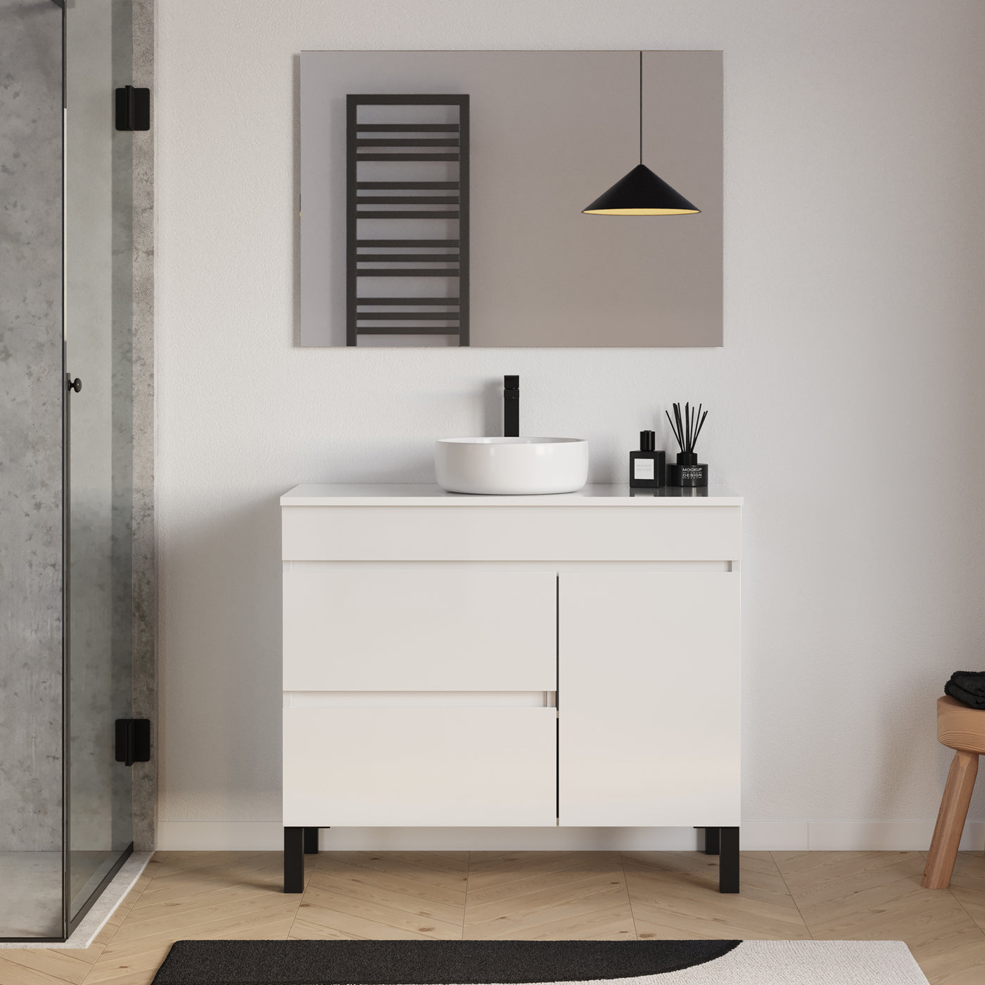 Meuble salle de bain LAZARO 100cm blanc avec vasque ares miroir