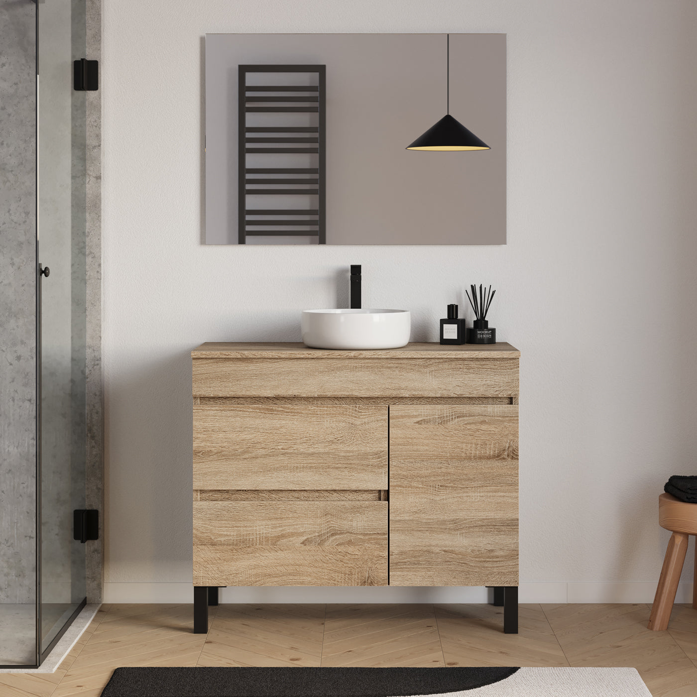 Meuble salle de bain LAZARO 100cm cambrian avec vasque ares miroir