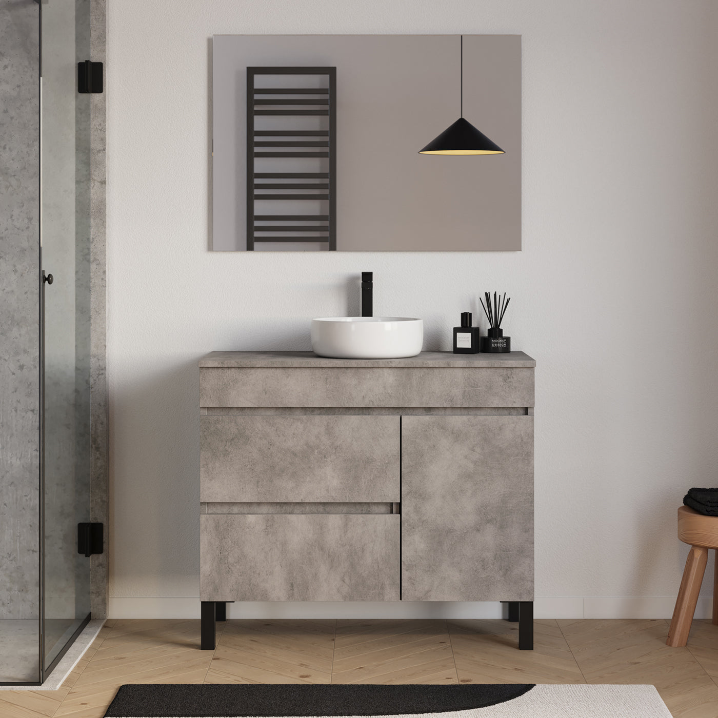 Meuble salle de bain LAZARO 100cm ciment avec vasque ares miroir