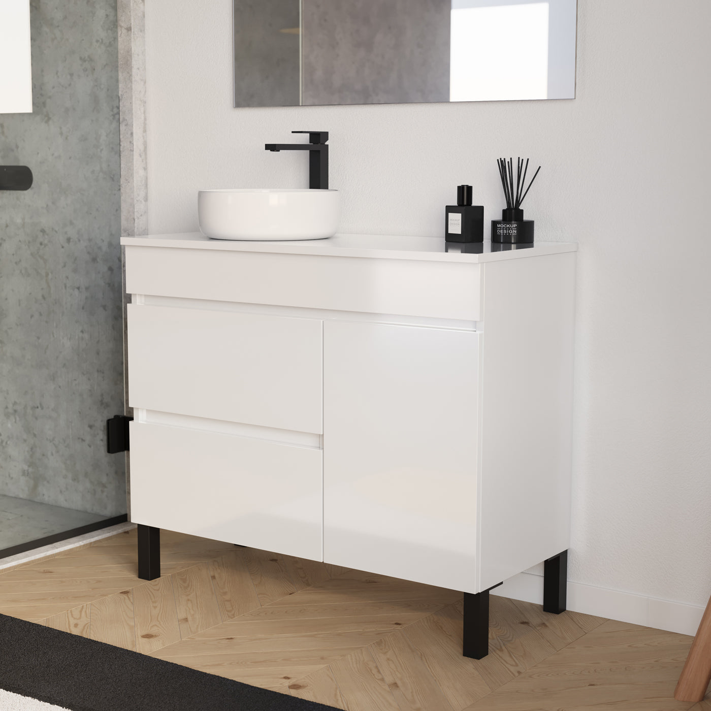 Meuble salle de bain LAZARO 100cm blanc vasque ares gauche vue profil