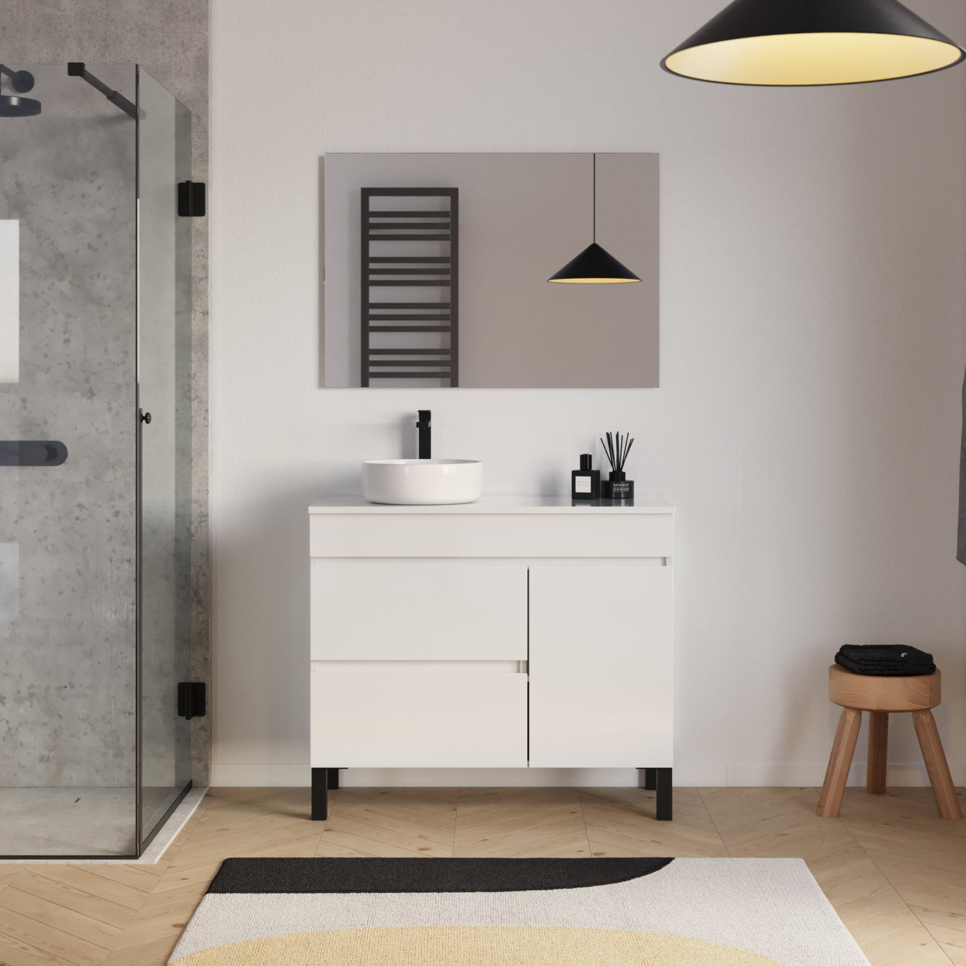 Ensemble Meuble salle de bain LAZARO 100cm blanc vasque gauche ares miroir