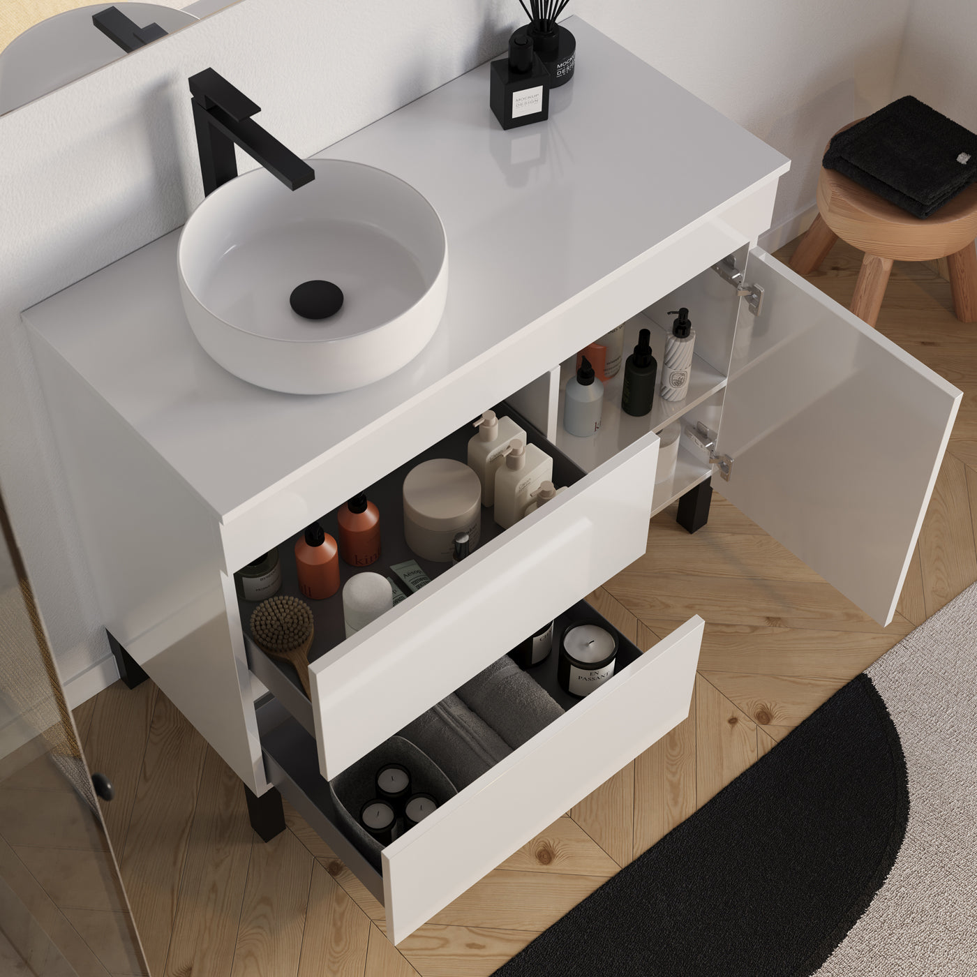 Meuble salle de bain LAZARO 100cm blanc vasque ares gauche vue dessus