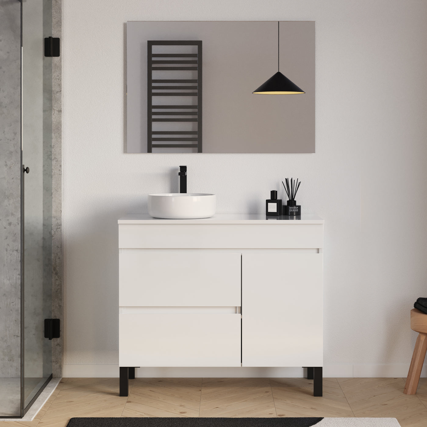 Meuble salle de bain LAZARO 100cm blanc vasque gauche ares miroir