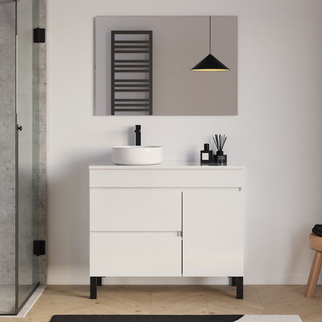 Meuble salle de bain LAZARO 100cm blanc vasque gauche ares miroir