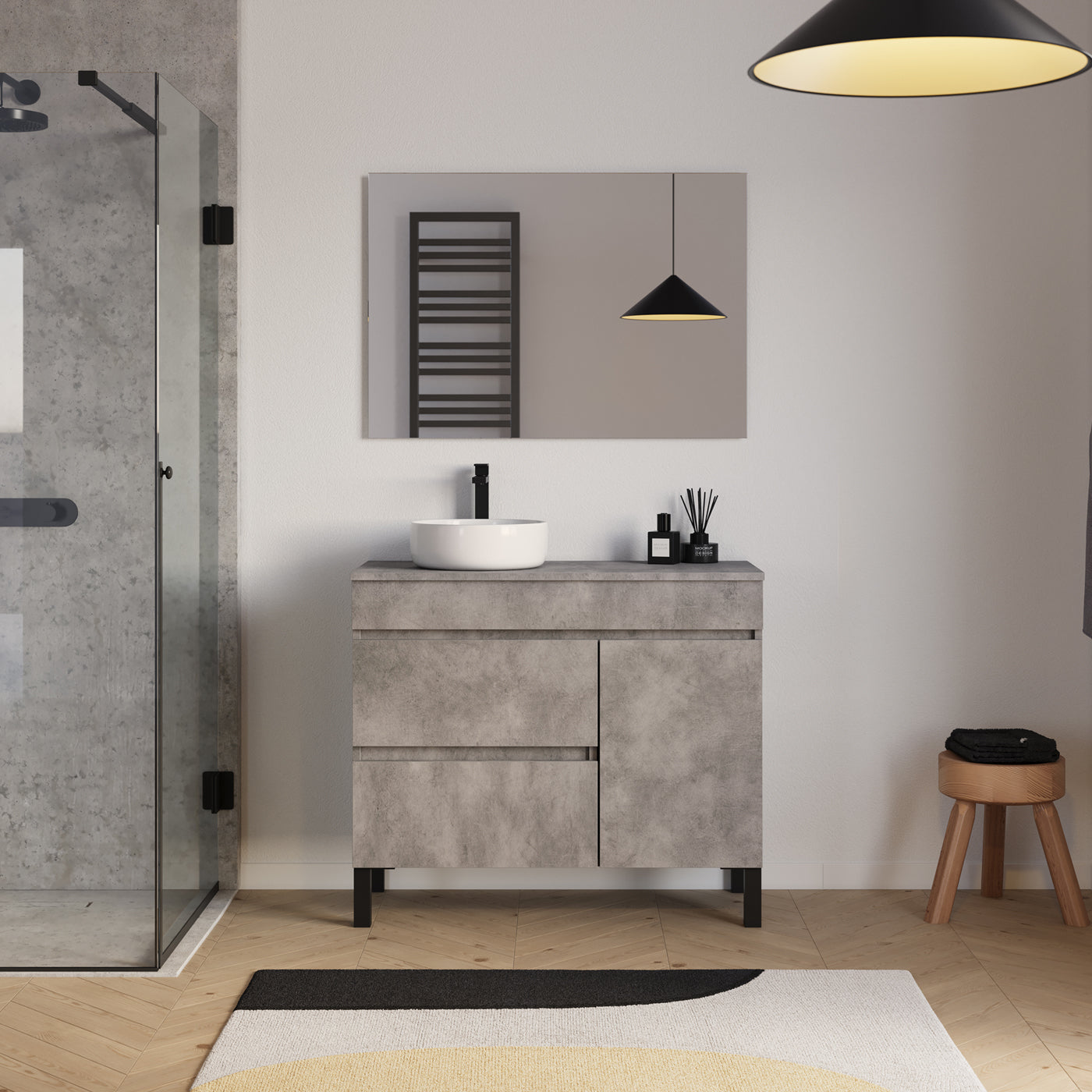 Ensemble Meuble salle de bain LAZARO 100cm ciment vasque gauche ares miroir